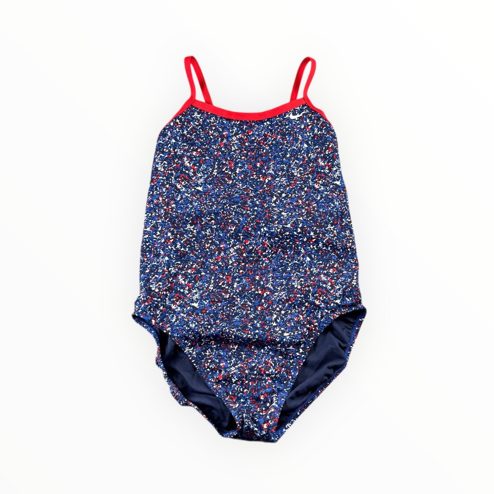 Nike Womens One Piece Swimsuit Red White Blue Confetti Print Athletic Racerback